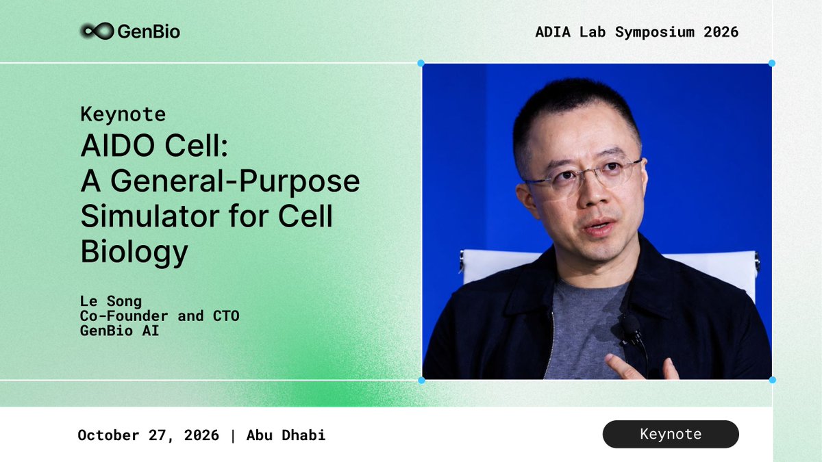 genbioai's tweet photo. The ADIA Lab Symposium opens in Abu Dhabi on Monday, October 26. @dasongle will be delivering a keynote on day two.

@adia_lab is an independent research institute working in data and computational sciences, and this is its flagship event. Le's talk is AIDO Cell: A General-Purpose Simulator for Cell Biology.