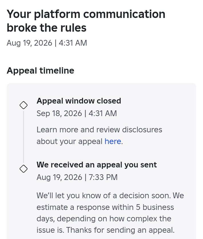 squigOoo's tweet photo. day 56 Roblox AI still refuses to review my violations and appeals page despite telling them I already did it 56 days ago. but instead they responded with "we're useless sorry bye" copypasta https://t.co/IhjdwDHqet