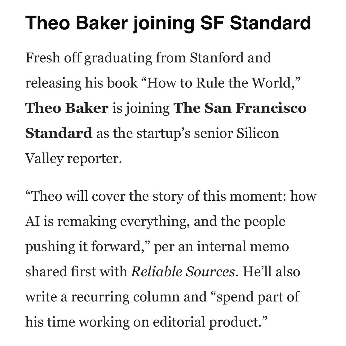 brianstelter's tweet photo. Some news in today's @ReliableSources: Fresh off graduating from Stanford and releasing his book “How to Rule the World,” @tab_delete is joining @sfstandard as senior Silicon Valley reporter https://t.co/thznJEyWM8