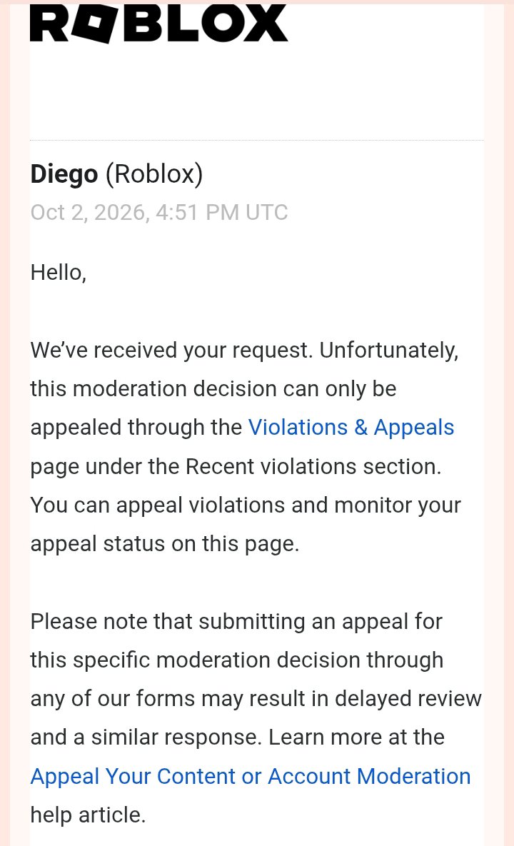 squigOoo's tweet photo. day 56 Roblox AI still refuses to review my violations and appeals page despite telling them I already did it 56 days ago. but instead they responded with "we're useless sorry bye" copypasta https://t.co/IhjdwDHqet