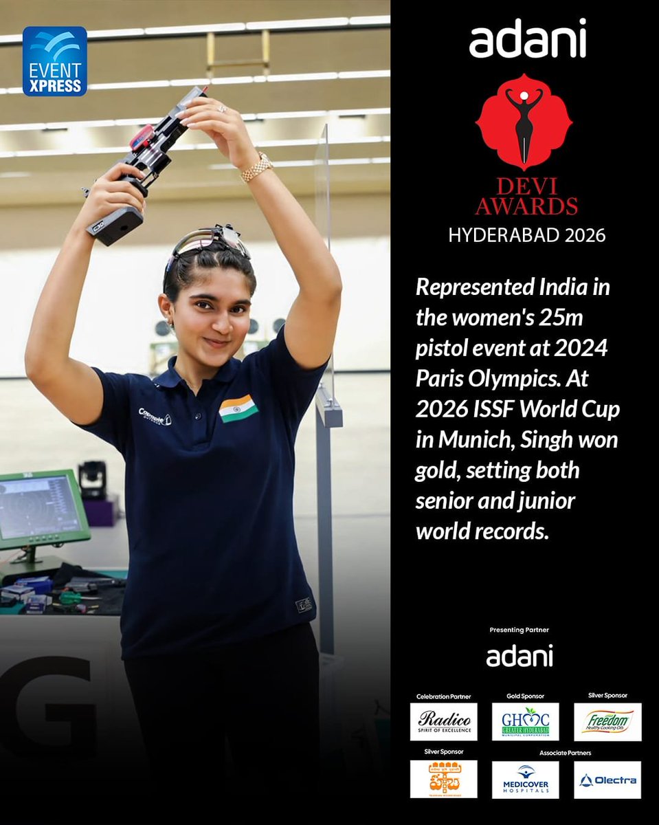 indulgexpress's tweet photo. Devi Awards Hyderabad 2026: Know Your Devi |  Esha Singh, Pistol Shooter @PrabhuChawla  @lakshmi94338678 @NewIndianXpress @Eventxpress @NehaSonthaliaP1  @radicokhaitan  @adanionline  
#DeviHyderabad2026 #41stDeviAwards #HyderabadDevi https://t.co/QXY7Jqt8XK