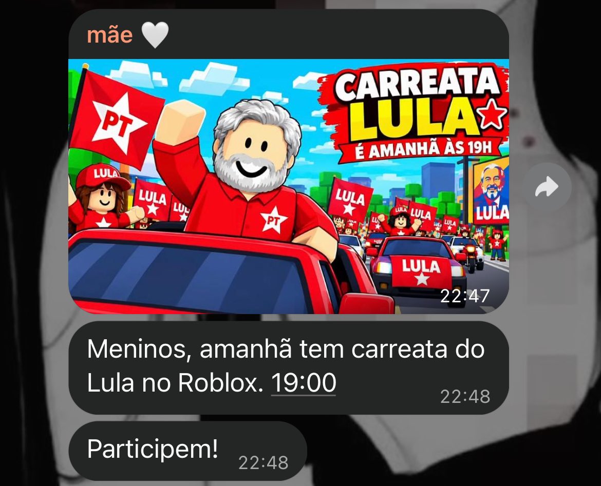 psicanalizar's tweet photo. cara acho q o maior sonho da minha mae eh q eu va na carreata do lula no roblox ela so fala disso https://t.co/mYS5sm4129