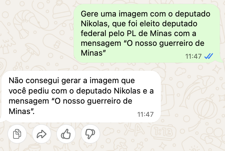 Burgos's tweet photo. A Meta AI se recusa a gerar imagens políticas com "Nikolas" e "Lula", mas faz de boa imagens com "Flávio", "Ana Elisa" ou "Geraldo". Se você tentar "Flávio Bolsonaro", "Geraldo Alckmin" ou mesmo "Jair Bolsonaro" ela não gera. 

A recusa em gerar imagens de Lula está circulando hoje como mais uma prova de que a Meta está interferindo nas nossas eleições. Pode ser o caso? Não sabemos, porque há uma explicação técnica bastante plausível.

A Meta AI parece ter no seu system prompt uma instrução tipo "recuse-se a gerar imagens com políticos brasileiros até 26/10". 

Pela velocidade da recusa, ela parece rodar essa checagem antes de usar outras ferramentas, como busca na web.

E o que é um "político brasileiro" para a Meta? Uma sequência de "tokens" que, durante o treinamento, apareceu fortemente associado à política brasileira. Ela não parece fazer essa checagem online antes de responder.

Como a Meta tem uma IA burrinha (poucos parâmetros), e como Flávio era uma NULIDADE na política, seu primeiro nome não é associado à política no treinamento -- que vai até janeiro deste ano), ela deixa passar "Flávio para presidente". 

Um exemplo de que essa explicação técnica parece ser o motivo da recusa é o caso Nikolas, um primeiro nome associado à política. Quando você pede algo ela trava antes de "pensar". Se eu jogar "Ana Elisa" (nome comum, não associado à política no treinamento) ela não apenas faz o pôster, como vai atrás do número de votos que ela teve em busca na web. (Alucina uma foto, o que não é incomum).

Ou seja: é um guardrail ruim, que só é checado no primeiro prompt, e não parece ser rechecado após buscas na web (o que geraria um custo extra bem razoável para a Meta).

Se a Meta colocasse uma lista grande do que pode e o que não pode, com nomes e variações, dentro de uma "denyList", funcionaria — e acho que é isso que ela vai fazer depois da repercussão. Mas é mais caro — aumenta os tokens lidos como input em todos os prompts daqui em diante. 

É possível que a Meta esteja se escondendo atrás de uma limitação técnica auto-imposta para favorecer um dos candidatos? Eu acho improvável, mas é possível. O que estou dizendo é que a explicação técnica é bastante plausível.

PS: veículos como Folha e G1 "entrevistarem" a Meta AI atrás de respostas pra isso, ao invés de falar com especialistas, é lamentável. Os chatbots não tem todas as respostas sobre como eles funcionam.