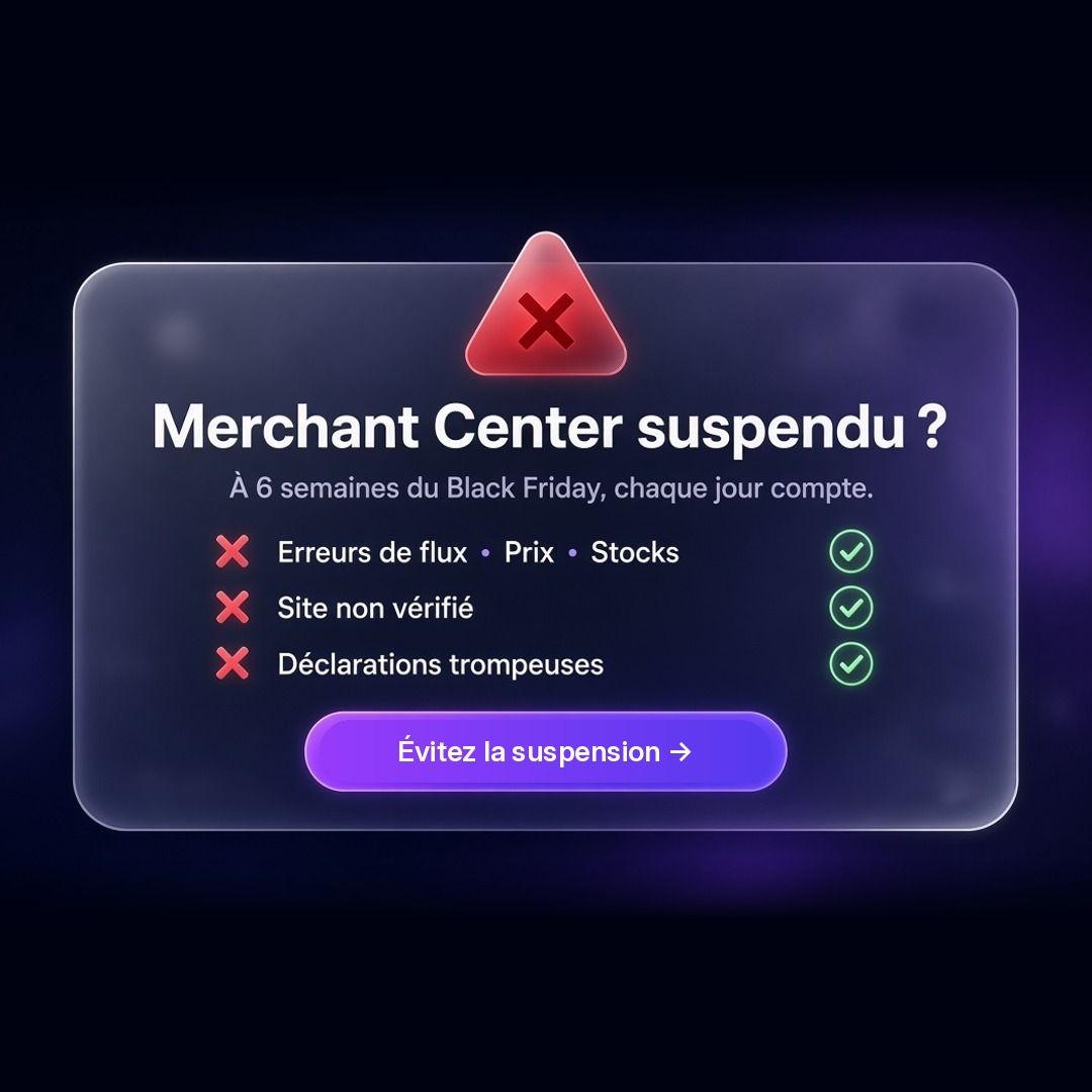 getfeedcast's tweet photo. 🚨 Compte Merchant Center a été suspendu ?
Les causes les plus fréquentes :
❌ Site non vérifié ou propriété non revendiquée
❌ Prix ou stocks différents entre le flux et le site
❌ Mentions légales, CGV ou politique de retour introuvables
❌ Déclarations trompeuses https://t.co/bLjBrdQWt5