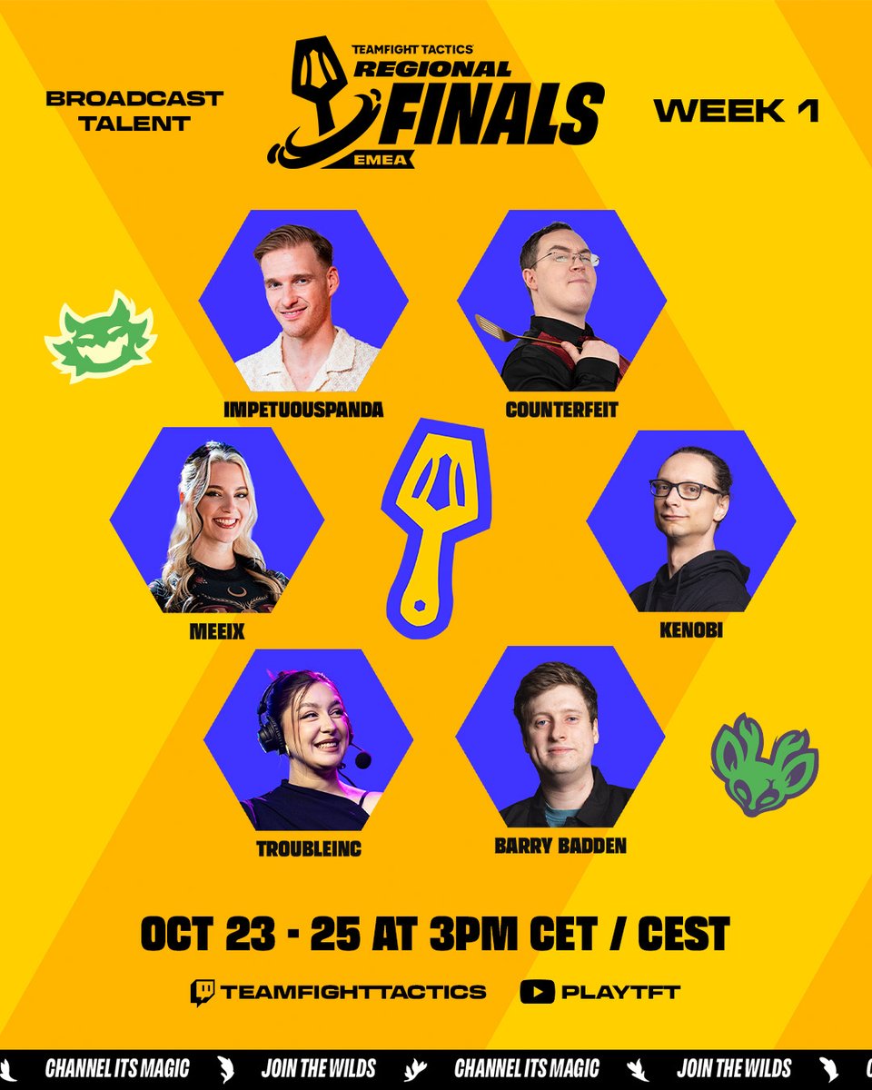 CompeteTFT's tweet photo. The best players deserve the best talent to bring the action to life! 🎙️

Meet the voices covering the Enchanted Wilds #TFTRegionalFinals Week 1!

EMEA:
🌿 @g_troubleinc         
🌿 @meeix_                  
🌿 @ImpetuousPanda  
🌿 @CounterfeitCast    
🌿 @Kenobi_TFT
🌿 @BarryBadden 

AMER:
🌿 @nekkra
🌿 @Gangly_
🌿 @CLE_TFT
🌿 @jupeson
🌿 @Subzeroark 
🌿 @AesahTFT