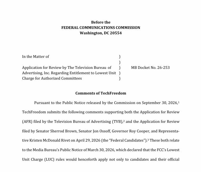 TechFreedom's tweet photo. Congress enacted the APA for a reason: to prevent agencies from changing the law without even soliciting public input.

@TechFreedom filed comments challenging the FCC’s expanded interpretation of political ad pricing rules, which would violate the First Amendment &amp; admin law. https://t.co/3SI0dv7mCI