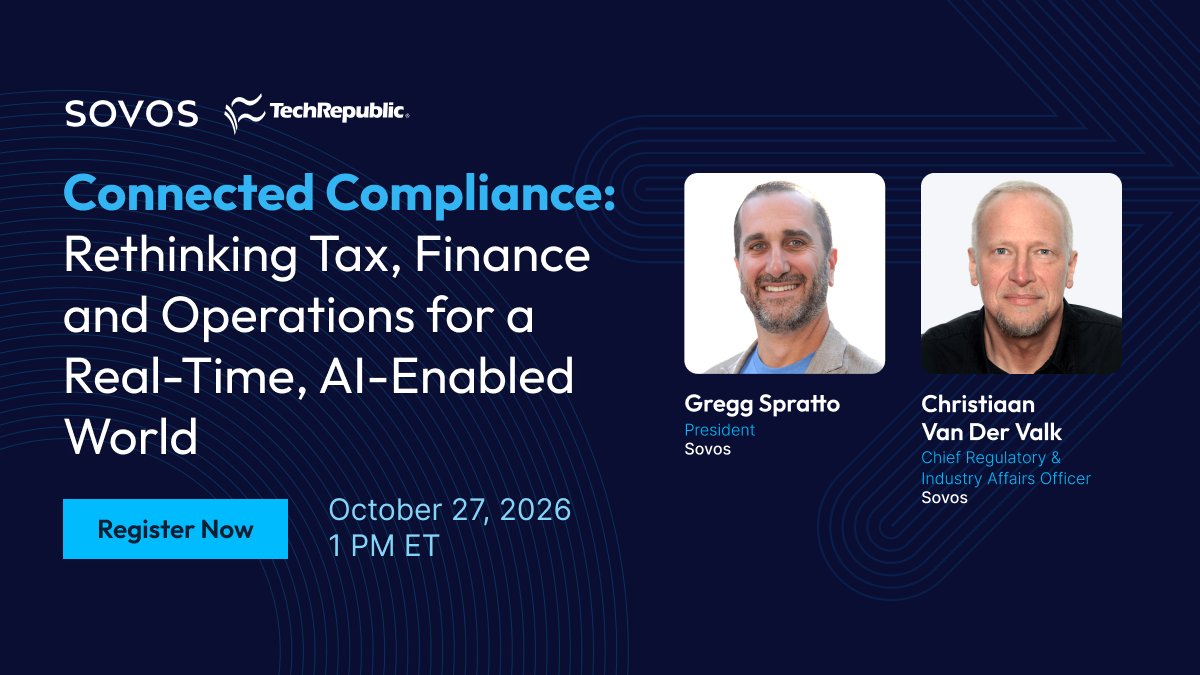 TechRepublic's tweet photo. 🤖 Can AI improve reconciliation without connected data?

@SovosCompliance leaders Gregg Spratto and Christiaan Van Der Valk explore compliance friction, manual workflows, and operational scale on Oct. 28 at 11 AM ET.

👉 Explore the discussion.
https://t.co/eCoGWOw4ed

#Compliance #EnterpriseData