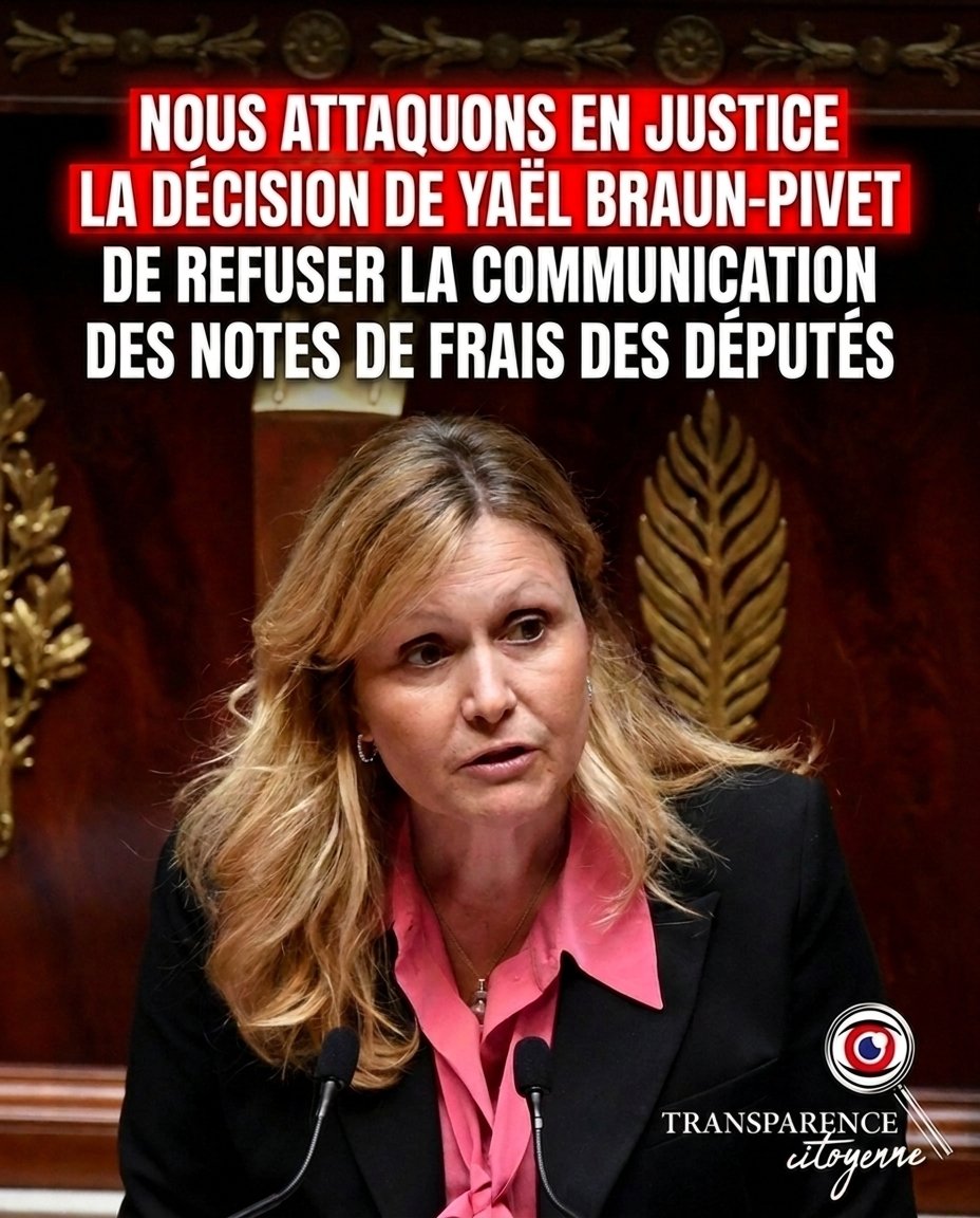TransparenceCit's tweet photo. 🚨 NOUS ATTAQUONS EN JUSTICE LA DÉCISION DE YAËL BRAUN-PIVET DE REFUSER DE COMMUNIQUER LES NOTES DE FRAIS DES DÉPUTÉS 🚨

Nous vous avions annoncé il y a quelques jours que les démarches entamées par l'association pour obtenir les notes de frais des parlementaires n'étaient qu'à leur début et que nous ferions tout pour obtenir gain de cause.

➡️Nous déclenchons donc aujourd'hui la bataille judiciaire. 

1⃣POUR RAPPEL
Le 20 mai, nous avons demandé à Yaël Braun-Pivet les justificatifs de frais de mandat des députés (juillet 2022 à mai 2026). 
>Elle a refusé le 11 juin. 
>Le déontologue de l’Assemblée, saisi ensuite, a refusé lui aussi.

2⃣POURQUOI ON NOUS REFUSE CES DOCUMENTS : LES ARGUMENTS ÉVOQUÉS 
▪️ Les parlementaires relèvent d’un régime à part
▪️ Leurs frais relèveraient de la souveraineté nationale (décision de 2019)
▪️ Le déontologue les contrôle déjà, sous secret professionnel
▪️ La vie privée des députés

👇👇3⃣VOICI NOS ARGUMENTS 👇👇

👉LE DROIT DE DEMANDER DES COMPTES, DEPUIS 1789
L’article 15 de la Déclaration des droits de l’homme et du citoyen dit que la société a le droit de demander compte à tout agent public de son administration.

Il vise les agents publics, mais son esprit s’applique à toute personne qui exerce une fonction publique.

👉UNE NOTE DE FRAIS EST UN DOCUMENT DE GESTION
Les justificatifs de frais de mandat servent à suivre et contrôler des dépenses, comme dans toute entreprise ou association qui rembourse les frais de ses employés.

Ils doivent donc être communiqués à toute personne qui en fait la demande.

👉L’ÉGALITÉ ENTRE LES ÉLUS
En 2023, le Conseil d’État a jugé que la Ville de Paris devait communiquer les justificatifs de frais liés à l’activité de la maire de Paris et de son cabinet.

Les élus locaux doivent donc rendre des comptes. Le principe d’égalité devant la loi implique que les parlementaires soient concernés eux aussi.

👉RIEN À VOIR AVEC LA SOUVERAINETÉ NATIONALE
Seuls les actes liés aux missions du Parlement (voter la loi, contrôler le gouvernement, évaluer les politiques publiques) ou à l’exercice de la souveraineté nationale échappent au contrôle du juge.

Or un ticket de restaurant ou une facture de taxi n’a rien à voir avec ces missions.
L’accès à la buvette ou à la bibliothèque de l’Assemblée est lui aussi lié au statut de député et personne ne prétend que cela relève de la souveraineté nationale. 

Un justificatif de dépense est un document purement comptable.

De plus, nous trouvons son raisonnement trop simple : déduire la souveraineté nationale du seul fait d’être parlementaire ??

👉LA VIE PRIVÉE N’EST PAS EN CAUSE
Ces dépenses relèvent de fonctions publiques, pas de la vie personnelle. 

Le Conseil d’État l’a déjà jugé pour un élu. 

Une mention sensible (identité d’un invité) peut être masquée au cas par cas mais cela ne justifie pas un refus de principe.

👉AUCUNE LOI N’INTERDIT LEUR COMMUNICATION
La loi du 12 avril 2000 instaure un régime particulier pour les documents issus des assemblées parlementaires. Ils relèvent non plus du droit à la communication des documents administratifs mais de l’ordonnance de 1958.

Cette ordonnance est silencieuse sur les frais de mandat Qu’un régime d’accès ne s’applique pas ne signifie pas que le secret s’impose.

👉LA DÉCISION DE 2019 NE CONCERNE PAS NOTRE DEMANDE
On nous opposera sans doute une décision du Conseil d’État de 2019 (association Regards citoyens).

Elle ne portait pas sur les justificatifs de dépenses mais sur les relevés de comptes bancaires consacrés à l’indemnité de frais de mandat.

4⃣ON NE VOUS CACHE PAS QUE CE SERA COMPLIQUÉ 
La justice administrative s’est longtemps déclarée incompétente sur les actes des assemblées parlementaires. 

Mais la jurisprudence a évolué et nous allons le démontrer.