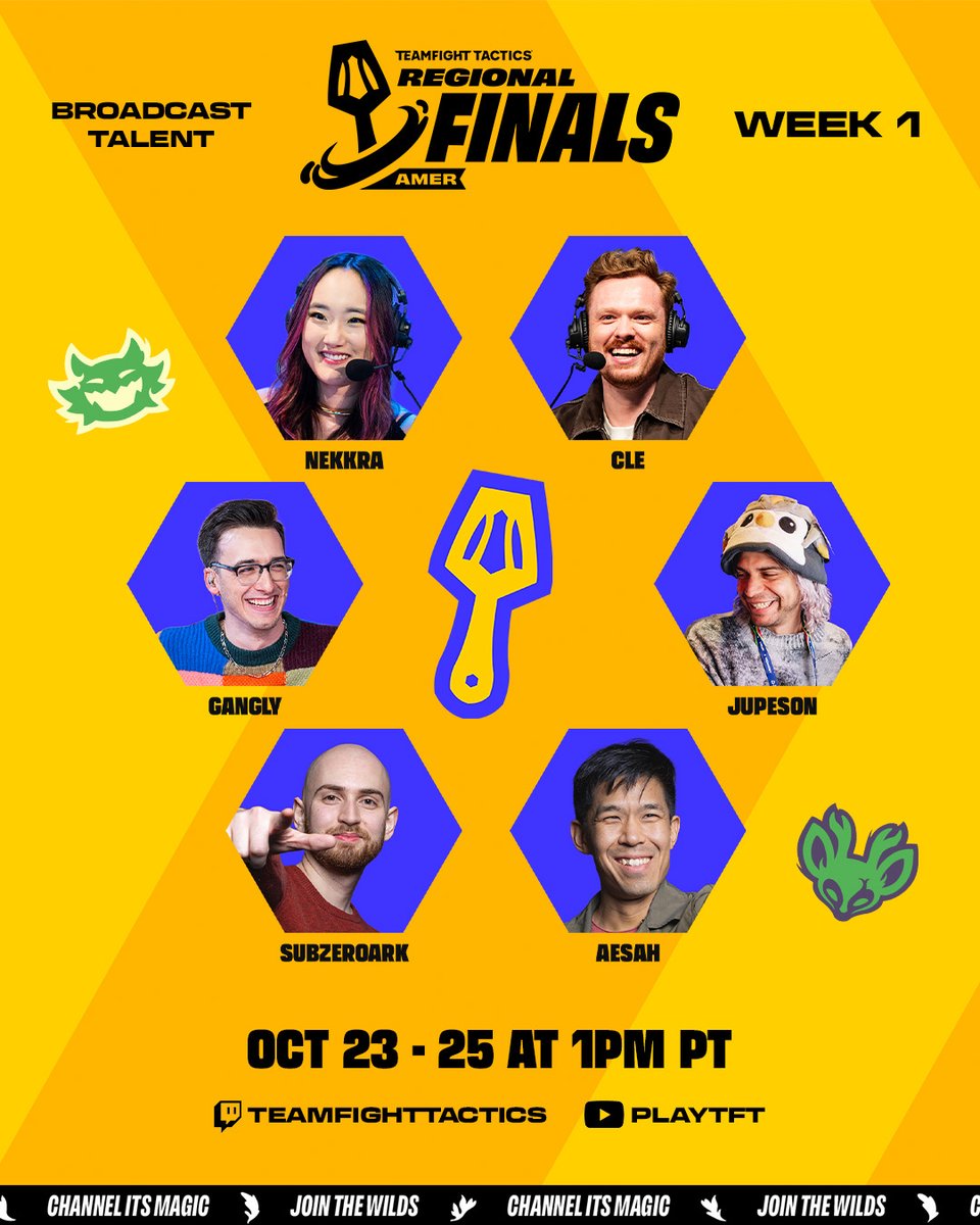 CompeteTFT's tweet photo. The best players deserve the best talent to bring the action to life! 🎙️

Meet the voices covering the Enchanted Wilds #TFTRegionalFinals Week 1!

EMEA:
🌿 @g_troubleinc         
🌿 @meeix_                  
🌿 @ImpetuousPanda  
🌿 @CounterfeitCast    
🌿 @Kenobi_TFT
🌿 @BarryBadden 

AMER:
🌿 @nekkra
🌿 @Gangly_
🌿 @CLE_TFT
🌿 @jupeson
🌿 @Subzeroark 
🌿 @AesahTFT