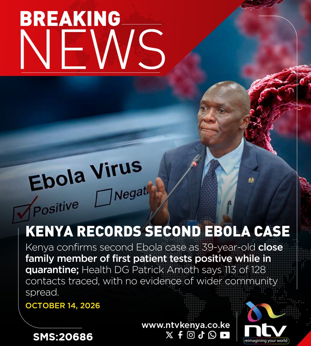 ntvkenya's tweet photo. Kenya confirms second Ebola case as 39-year-old close family member of first patient tests positive while in quarantine, Health DG Patrick Amoth says. https://t.co/x2vXRbgTaI