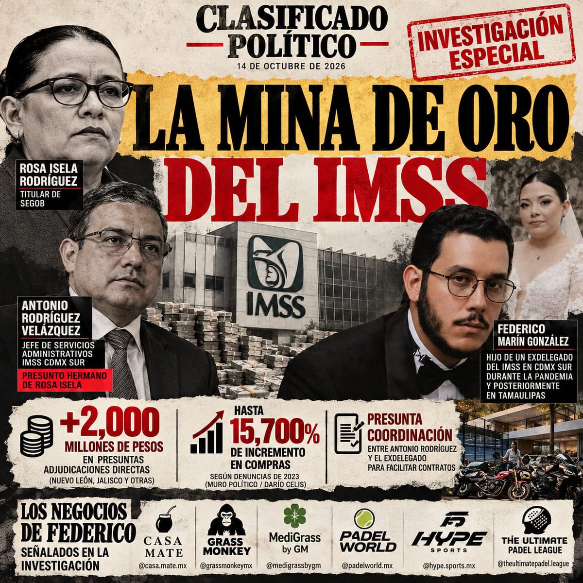JJDiazMachuca's tweet photo. 🚨 LA MINA DE ORO DEL IMSS

La Delegación Sur de la CDMX, bajo la lupa por presuntas irregularidades y tráfico de influencias.

Señalamientos involucran a Antonio Rodríguez Velázquez y Federico Marín González.

Una investigación publicada en 2023 denunció adjudicaciones por más de 2 mil millones de pesos y aumentos en compras de hasta 15,700 %.

Hoy surgen preguntas sobre seis negocios atribuidos a Federico y sus posibles vínculos con funcionarios del IMSS.

¿Dónde están las auditorías y la rendición de cuentas?

📰 #ClasificadoPolítico #IMSS #Corrupción