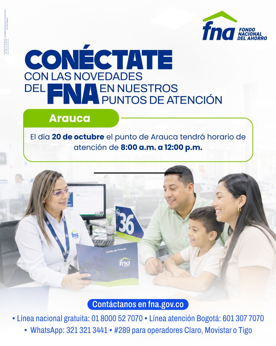 FNAahorro's tweet photo. Los días 15, 22 y 29 de octubre el punto de Barrancabermeja no tendrá atención al publico 

Recuerda que puedes comunicarte con el FNA a través de nuestros canales virtuales https://t.co/3mJOjo6zTA, línea de atención gratuita 01 8000 52 7070, línea de WhatsApp 321 321 34 41 o al #289 gratis para operadores Claro, Tigo o Movistar.