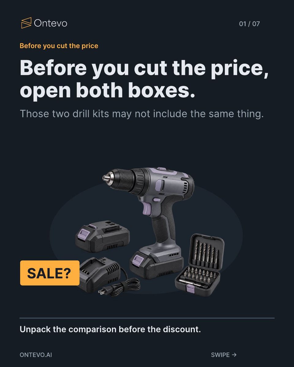 ontevo's tweet photo. A lower sticker price can hide a missing battery and charger. In this fictional drill-kit example, a first-time buyer and an existing battery owner need different offers. Ontevo helps find what changes the choice. https://t.co/ln8DM0lNQP