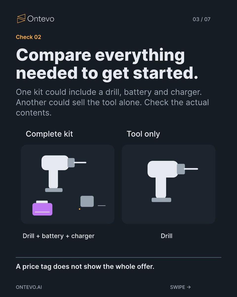 ontevo's tweet photo. A lower sticker price can hide a missing battery and charger. In this fictional drill-kit example, a first-time buyer and an existing battery owner need different offers. Ontevo helps find what changes the choice. https://t.co/ln8DM0lNQP