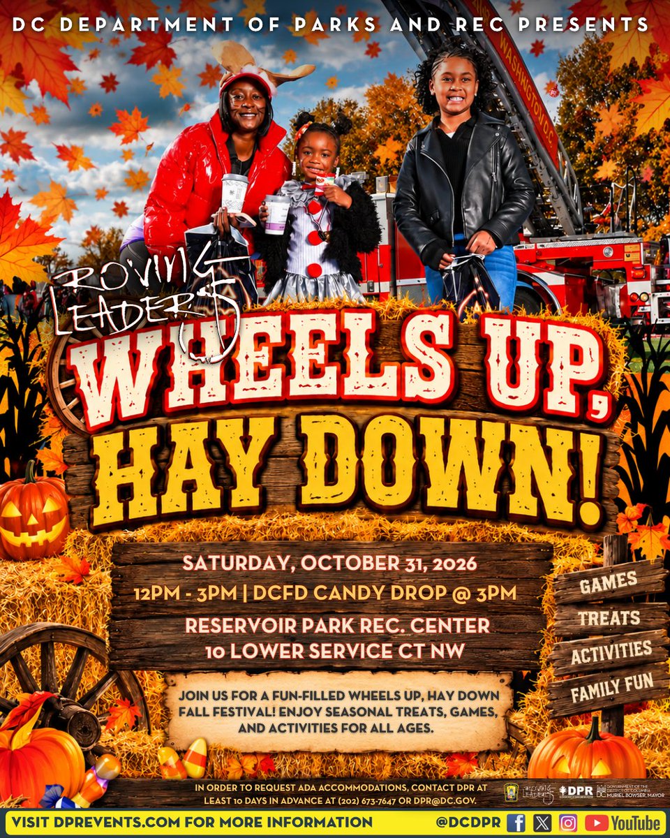 DCDPR's tweet photo. 🍂 Hay there! 🎃 Join DPR for Wheels Up, Hay Down- fall fun, games, treats &amp; family activities!

📅 Oct 31 | 12–3 PM
📍 Reservoir Park Rec
🚒🍭 Stay for the @Dcfireems Candy Drop at 3!
RSVP:https://t.co/RDvEBm0KE5

 #WheelsUpHayDown #WePlayTooMuch #HalloweenFun https://t.co/fXMmCOQXqw