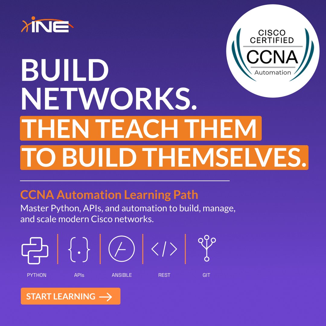 ine's tweet photo. Networks are becoming programmable. Engineers need to keep up. ☝️

INE's CCNA Automation Learning Path covers Python, APIs, Ansible, Git, and Cisco automation to help you manage configurations and streamline tasks.

Put network automation into practice:👉 https://t.co/9eGLgMd4UQ https://t.co/OVK7iT9aeB