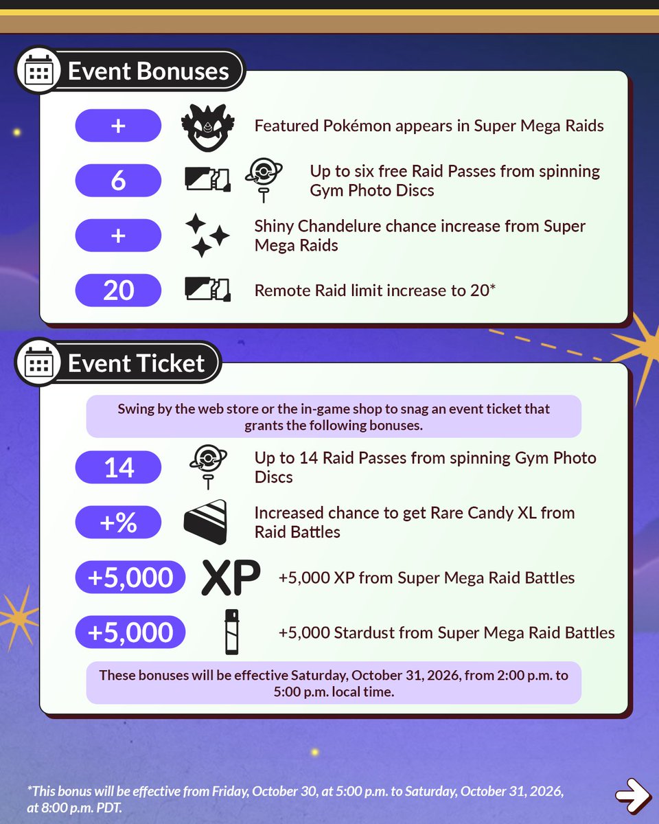 PokemonGoAppIN's tweet photo. The adventures are about to heat up, Trainers! Mega Chandelure makes its #PokemonGO debut in Super Mega Raids! 🔥🔥🔥🔥🔥🤩

October 31 from 2:00 p.m. to 5:00 p.m. local time.

https://t.co/QVN2x6eFbc" https://t.co/cu2d0KILjM