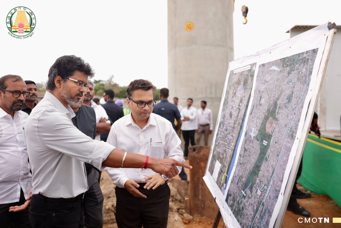 CMOTamilnadu's tweet photo. மாண்புமிகு தமிழ்நாடு முதலமைச்சர் திரு.ச.ஜோசப் விஜய் அவர்கள் இன்று (14.10.2026) சென்னை, சோழிங்கநல்லூரில் உள்ள சென்னை குடிநீர் வாரியத்தின் குடிநீரேற்றும் நிலையத்தில் நடைபெற்ற நிகழ்ச்சியில்,  சென்னைப் பெருநகர் குடிநீர் வழங்கல் மற்றும் கழிவுநீரகற்று வாரியத்தின் வாயிலாக 3,108 கோடியே 55 இலட்சம் ரூபாய் மதிப்பீட்டில், பெருநகர சென்னை மாநகராட்சியின் எல்லைக்குட்பட்ட பகுதிகளில் சுற்றுக்குழாய் அமைக்கும் திட்டத்திற்கு அடிக்கல் நாட்டி, காரப்பாக்கத்தில் உள்ள ஒக்கியம் மடுவுவை நேரில் பார்வையிட்டு, வடகிழக்குப் பருவமழையை முன்னிட்டு நீர்வளத்துறை, நெடுஞ்சாலைத் துறை, பெருநகர சென்னை மாநகராட்சி உள்ளிட்ட பல்வேறு துறைகளால் மேற்கொள்ளப்பட்டுவரும் வெள்ளத் தடுப்பு முன்னேற்பாட்டுப் பணிகளை ஆய்வு செய்தார்.

The Hon'ble Chief Minister of Tamil Nadu, Thiru.C.Joseph Vijay, today (14.10.2026), at an event held at the Chennai Metropolitan Water Supply and Sewerage Board's water pumping station in Sholinganallur, Chennai, laid the foundation stone for the Ring Main System project, to be implemented through the Board at an estimated cost of Rs. 3,108.55 crore in areas within the Greater Chennai Corporation limits; personally inspected the Okkiyam Maduvu at Karapakkam; and reviewed the flood mitigation works being undertaken by various departments, including the Water Resources Department, the Highways Department and the Greater Chennai Corporation, in view of the Northeast Monsoon.

#CMJosephVijay‌