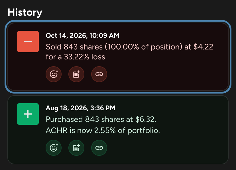 ParnaliaEquity's tweet photo. Oct 14, 2026: $ACHR (Archer Aviation Inc)

Sold 843 shares (100.00% of position) at $4.22 for a 33.22% loss.

https://t.co/y2vmPfMiAn https://t.co/9bMKB9ehWJ