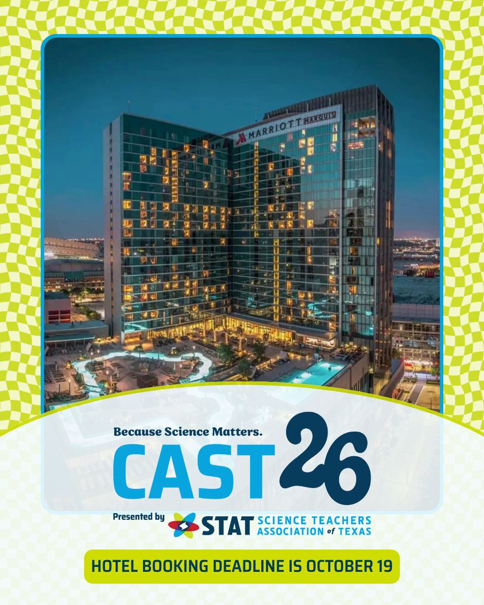TXScienceSTAT's tweet photo. One week left to check “hotel” off your CAST26 list! Reserve your stay through the official CAST housing page by October 19 to save on accommodations, then get ready for 3 days of connection in Houston this November 12–14. Book your stay: https://t.co/DJx0kLz24b https://t.co/lh4c1UBLyI