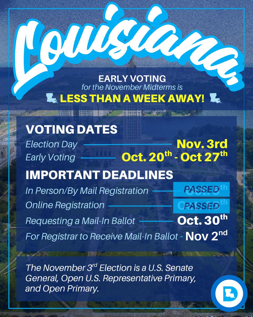 LaDemos's tweet photo. Early Voting is LESS THAN A WEEK AWAY!🗳️

To make your plan to vote, visit https://t.co/zTEY3urIqQ or view the sample ballot for your area in the GeauxVote App.
#LaDemos https://t.co/tjmTPgD1bh
