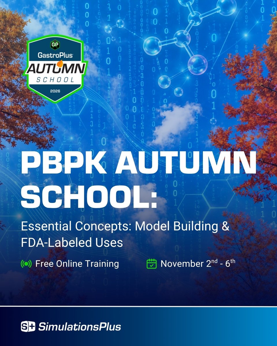 SimulationsPlus's tweet photo. Back by popular demand! PBPK Autumn School returns November 2–6.

Learn PBPK modeling with hands-on GastroPlus® exercises, expert guidance, and practical applications for FIH and regulatory decisions.

Register: https://t.co/94TSiOqSG9 https://t.co/BSLWaGZOoy