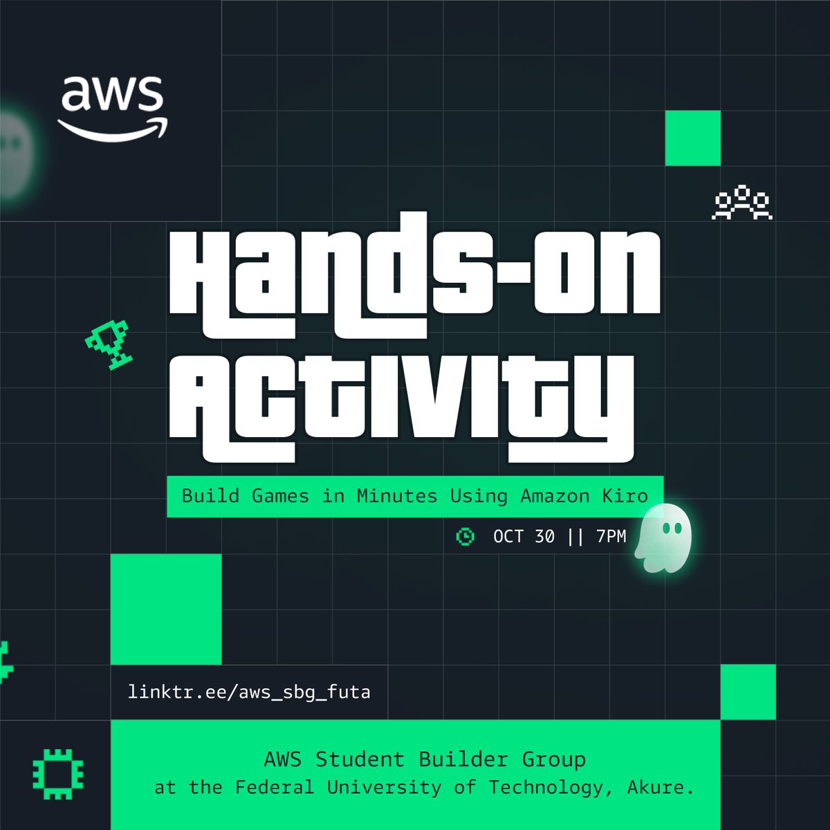 AWSFUTA's tweet photo. What if you could build a game in minutes without starting from scratch? 

Meet Amazon Kiro, an AI-powered IDE that helps turn ideas into working software.

Swipe through. Then join us to explore it hands-on!

📅 Oct 30 | 7 PM
You don't want to miss it
 https://t.co/7v7PPjukxK https://t.co/PPB9atx0VN