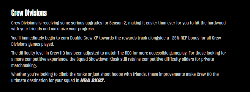 2KDispatch's tweet photo. 🚨 #NBA2K27 SEASON 2 CREW DIVISIONS UPDATES

• 2X Crew XP towards the rewards track
• +25% REP in all Crew Divisions games
• Crew HQ difficulty adjusted to match The REC
• Squad Showdown keeps competitive difficulty settings for private matchmaking 👀 https://t.co/qOI5IGz6aN
