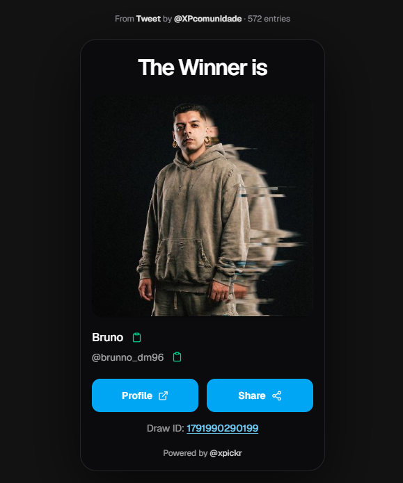 XPcomunidade's tweet photo. 🏆 Vencedor do sorteio: @brunno_dm96 

Estaremos enviando a premiação nas próximas horas e, caso necessário, estaremos fazendo um reroll. https://t.co/XO1OPRhv6o