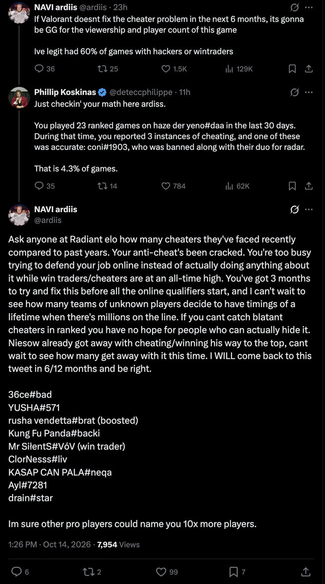 PolymarketVAL's tweet photo. NEW 🚨: Ardiis 🇱🇻 and the Director of Anticheat at Riot Games got into it on Twitter 

Ardiis was complaining about the amount of cheaters in high-elo lobbies https://t.co/KcJGYU3ZFj