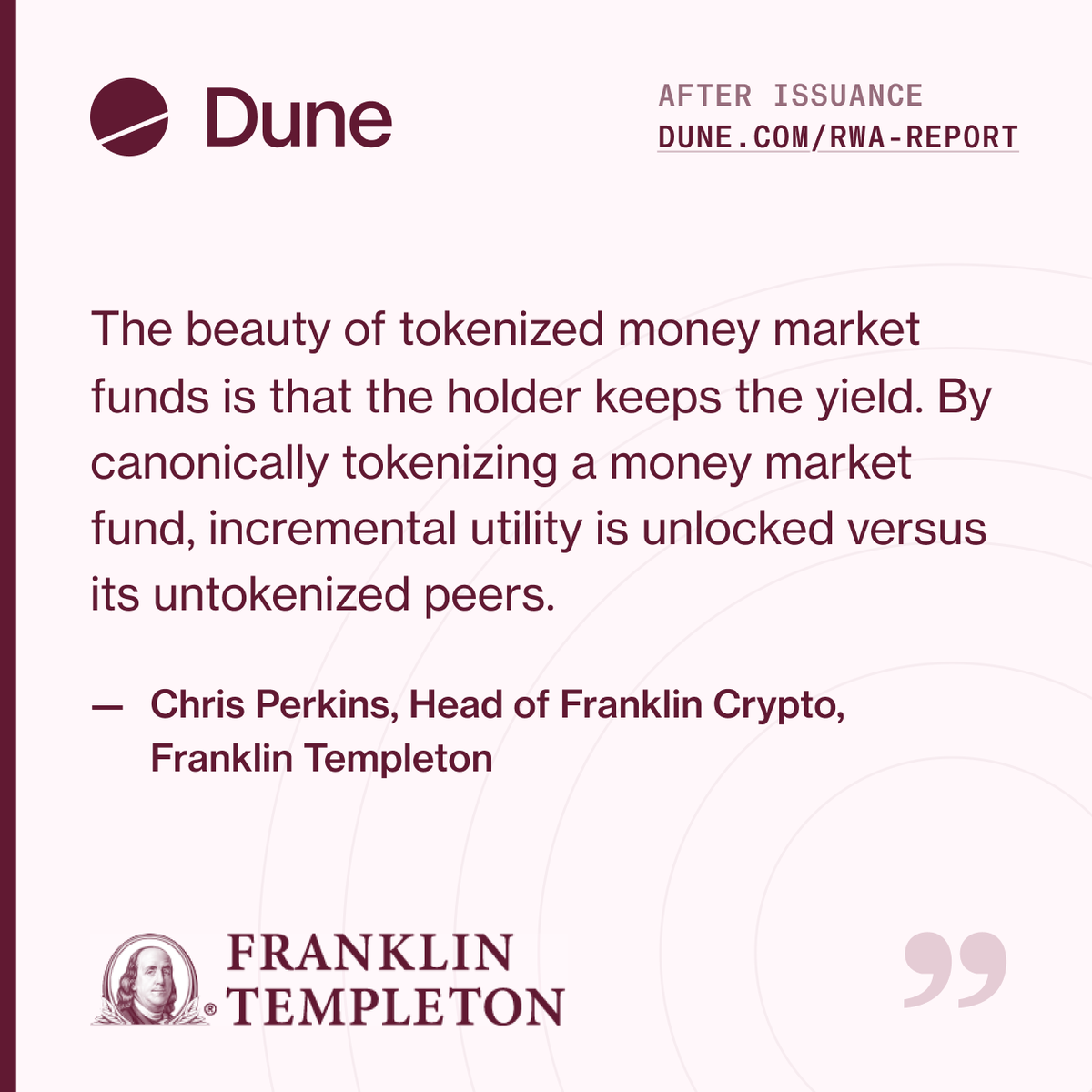 Dune's tweet photo. Thanks to Franklin Templeton @FTDA_US for contributing to After Issuance: Reading the Onchain RWA Market, our Q3 2026 report.

Read the full report → https://t.co/w5b1G78Xpz https://t.co/S8q7ZO20Y1