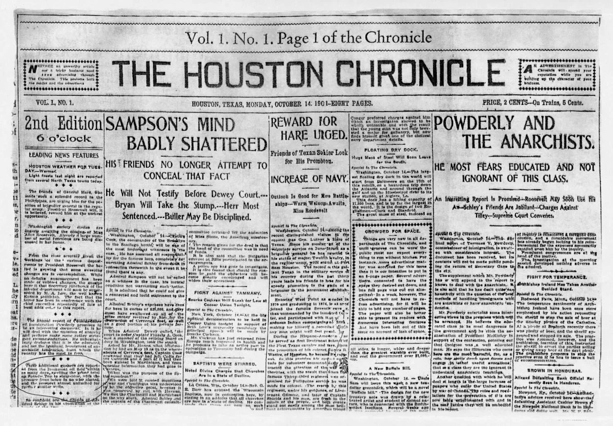 HTVHouston's tweet photo. The Chronicle's only record of its first edition on Oct. 14, 1901, is a photocopy of one-half of the front page. https://t.co/U4bIU5NHe3