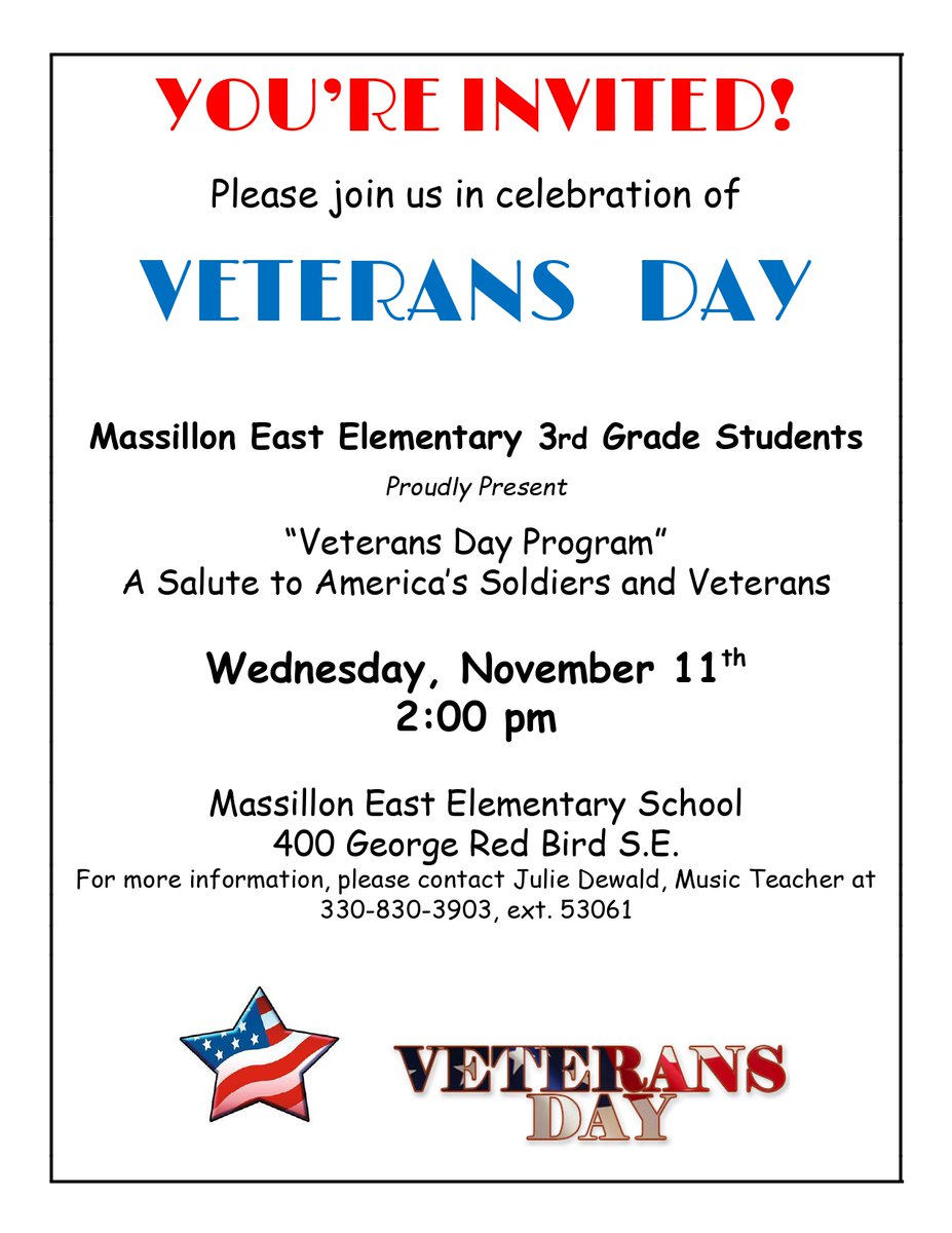 MassillonSchool's tweet photo. Save the date!🇺🇸

Massillon East Elementary 3rd Grade Students Present:
"Veterans Day Program" - A Salute to America's Soldiers and Veterans https://t.co/Kjh9Jjd26d