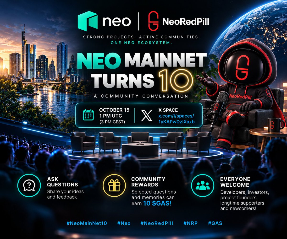 NeoRedPill101's tweet photo. 🎙️ 10 Years of Neo MainNet – Let's Shape the Future Together! 💚

🚀 The NeoRedPill ($NRP) team will be joining this special community conversation hosted by @NGD_Official!

As a project building on Neo, we're proud to contribute to an ecosystem driven by innovation, collaboration, and an active community.

💬 We'll be there to discuss developments, share insights about NeoRedPill, exchange ideas, and explore opportunities for the future of Neo and its growing ecosystem.

🌍 Everyone is welcome! Whether you're a developer, project founder, investor, longtime supporter, or simply curious about Neo, your voice matters.

❓ Ask questions, share feedback, bring fresh ideas, and connect with the people building the future of Neo.

📅 October 15 | 1 PM UTC (3 PM CEST)

🎁 Community rewards: Selected questions and memories can earn 10 $GAS!

🔗 https://t.co/KHLX789tSQ

🤝 Strong projects. Active communities. One Neo ecosystem.

Let's make this conversation count! 💚

#Neo #NeoRedPill #NRP #NeoMainNet10 #GAS