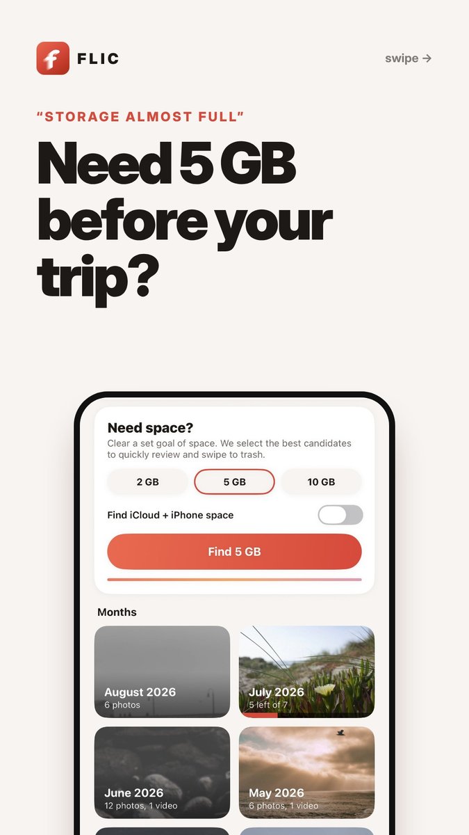 flicphotos's tweet photo. Storage almost full and your trip is tomorrow?
Tell Flic how much space you need: 2, 5 or 10 GB. It picks the big videos, duplicates and blurry shots. You swipe to approve.
Comment "Flic It" for Flic Lifetime at $9.99 π
https://t.co/RtA8G6N5bn #flicit #iphonestorage https://t.co/OP4KJNnCUu