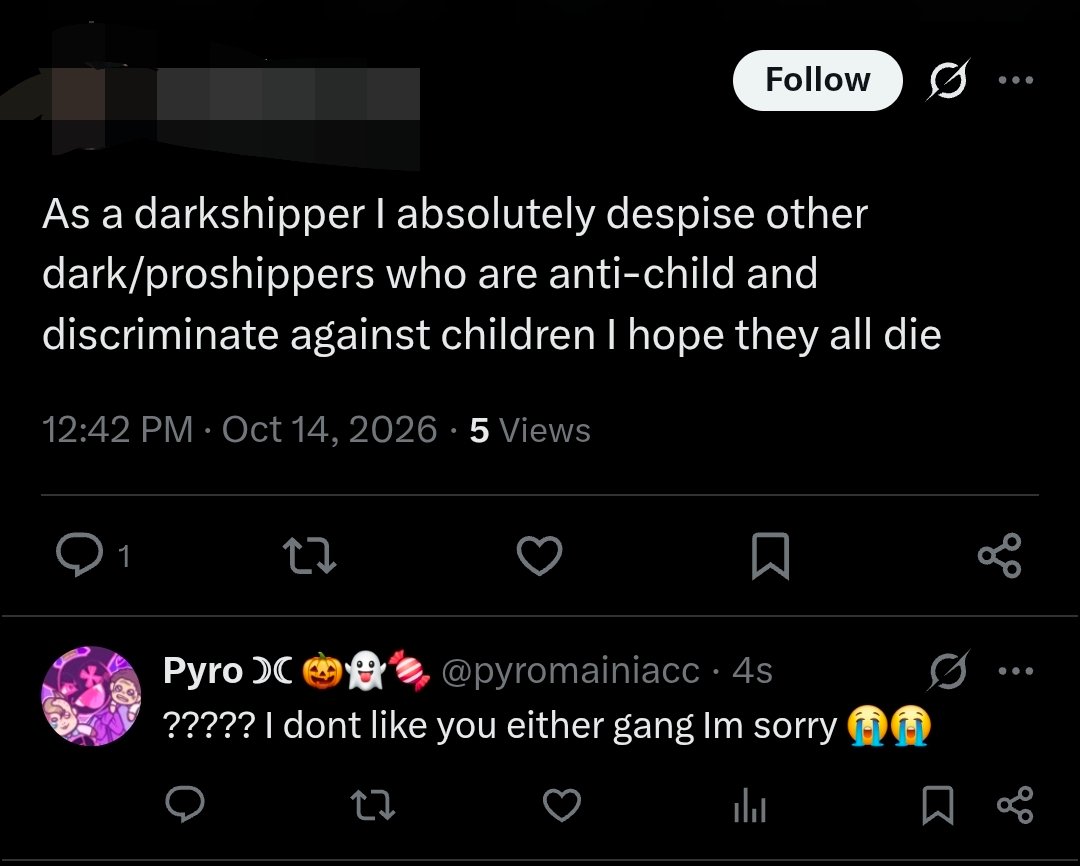 pyromainiacc's tweet photo. Get out of my post bro 😭😭😭😭😭 I much prefer darkshippers that dont want kids in their spaces bro https://t.co/hXVRNHTlv2