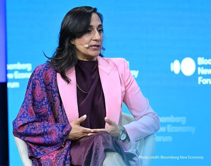 Minister Anand speaking at the Bloomberg New Economy Forum.
-Photo credit: Bloomberg New Economy
