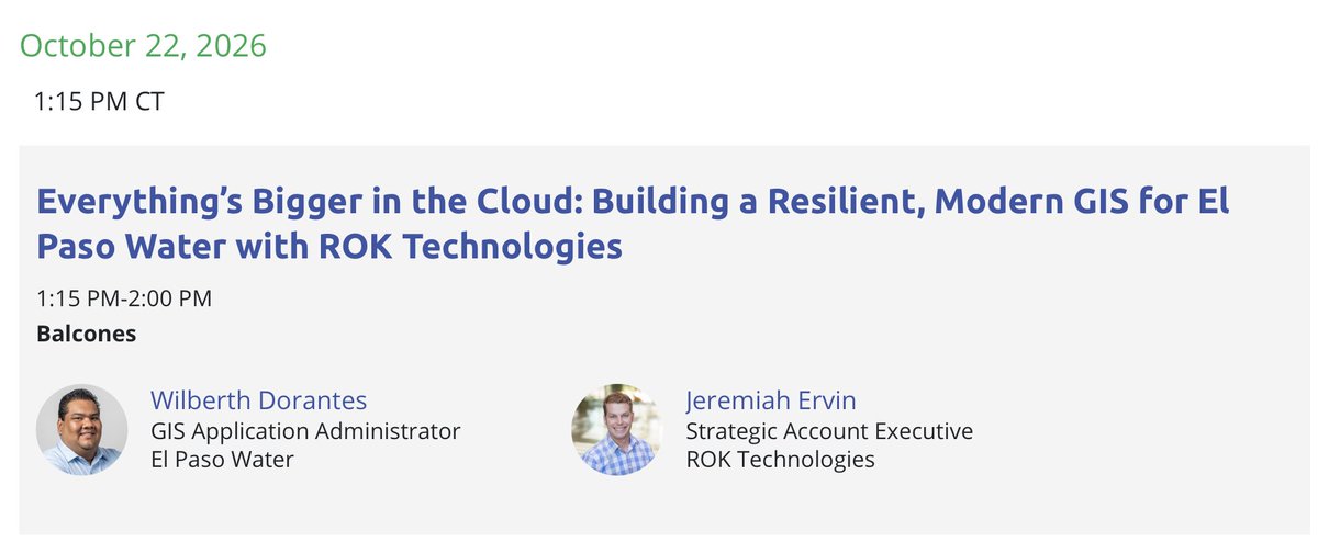 roktech's tweet photo. Headed to the Texas GIS Forum, Oct. 19–23? ROK Technologies is a Silver Sponsor! Join us and El Paso Water for a session on building a resilient, modern GIS in the cloud. Find our session: https://t.co/zjglzOGmxM #GIS #CloudGIS #geospatial #Esri #AWS #EsriPartners #cloud #Texas https://t.co/RvFh90aeXF