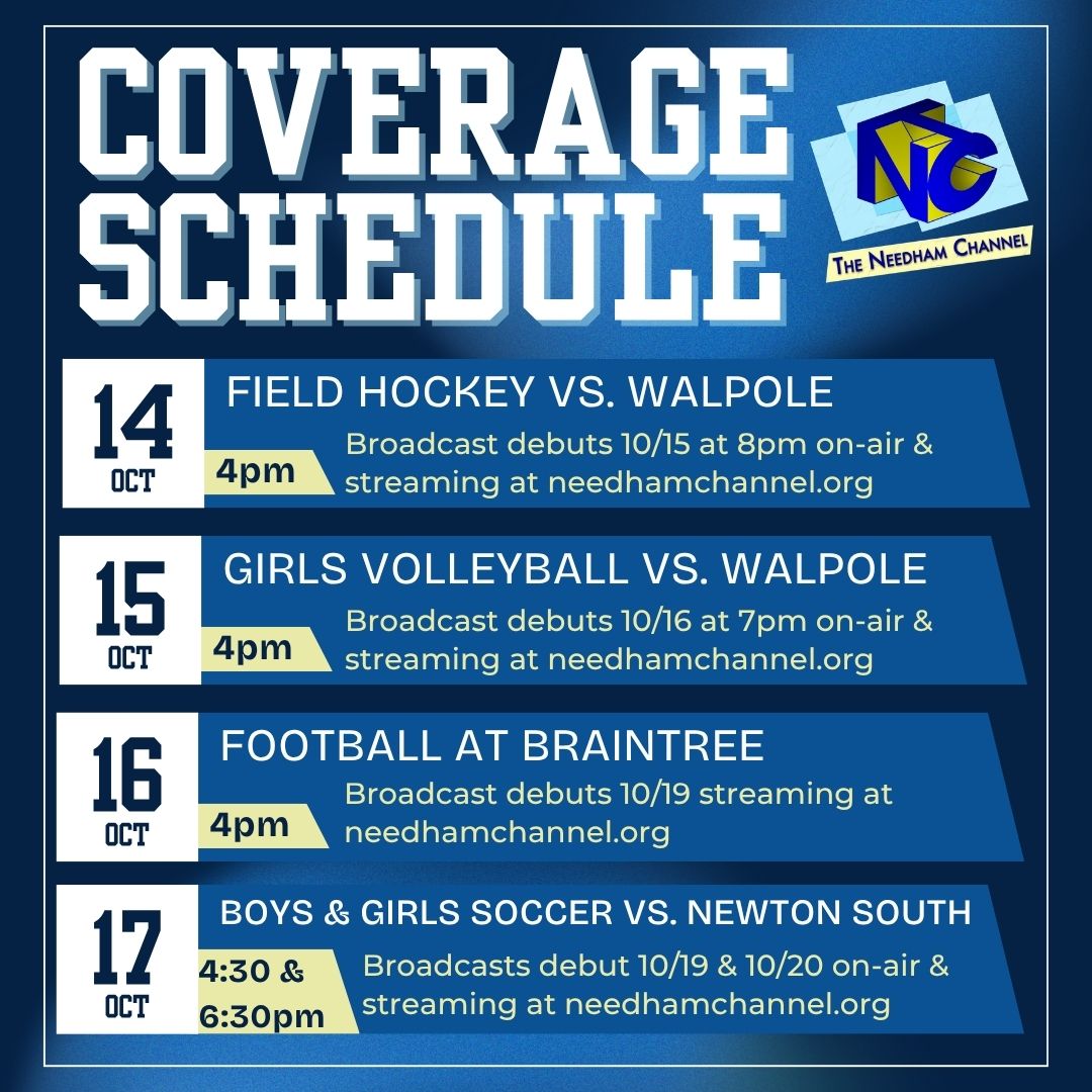 TNC_Sports's tweet photo. Today we begin a crazy busy week of Needham Rockets Sports Broadcasts, recording the first of five games in four days. Here's a look at when we'll be recording and airing all five games. #TheNeedhamChannel #GoRockets #NeedhamRockets https://t.co/WMtjcBvDKX