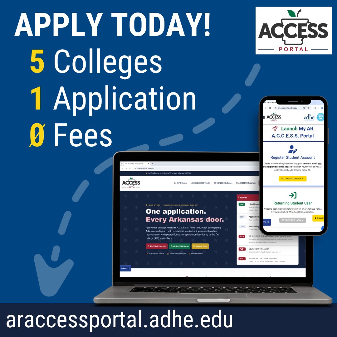 ArkHigherEd's tweet photo. Arkansas high school seniors, have you created your Arkansas ACCESS Portal account yet? Students can use the portal to apply to up to 5 colleges in Arkansas with one application, one login, and no fees. Visit https://t.co/Y4B7lH8YB4 to get started! https://t.co/YRO6bdaTR7