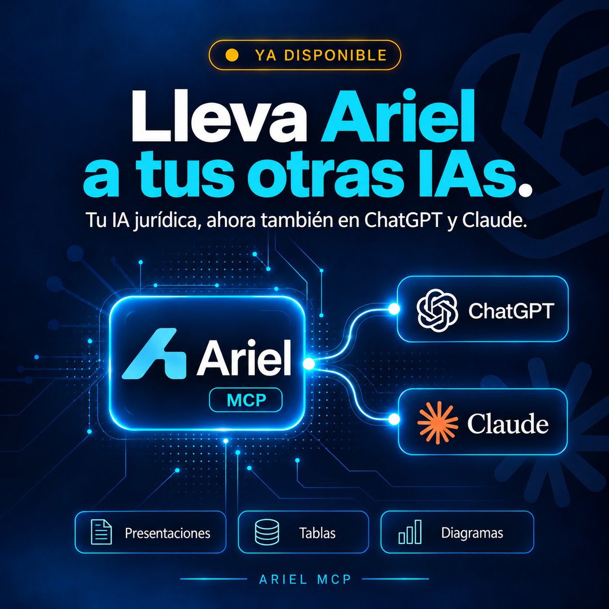 ArielAppIA's tweet photo. ¡Ariel MCP ya está aquí! 🚀
Lleva Ariel a tus otras IAs y transforma su conocimiento jurídico en presentaciones, tablas, diagramas e infografías, con fuentes que puedes revisar.
Entra a Configuración → MCP y sigue la guía de conexión.
🔗 https://t.co/oo0k1twy8I https://t.co/N189unhd6U
