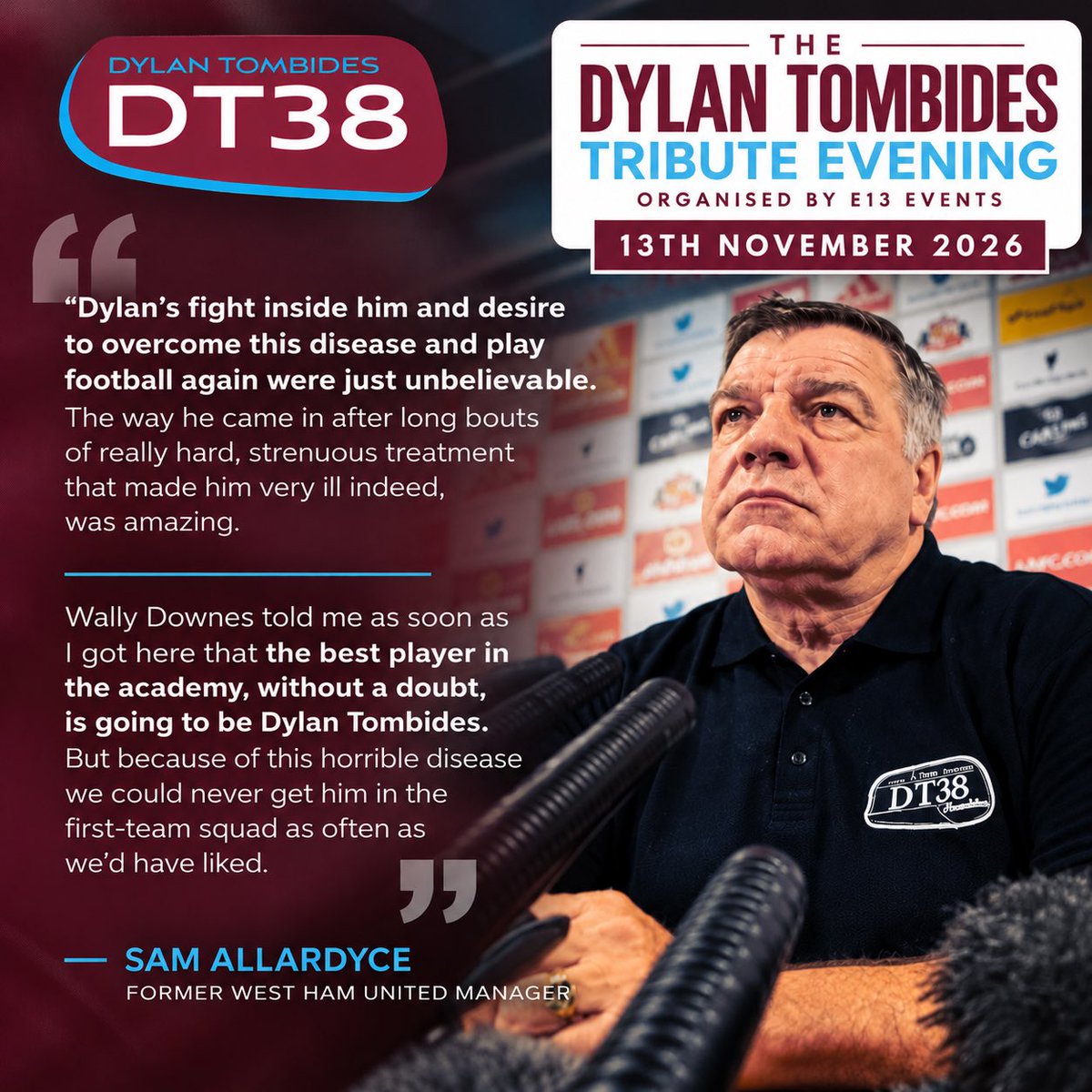 Dylantombides's tweet photo. THE COUNTDOWN IS ON — DON’T MISS OUT!

🎟️ HAVE YOU BOOKED YOUR TICKETS YET?

13 Nov - Dylan Tombides Tribute Evening org by @e13events Hosted by James Collins with Sam Allardyce as special guest 📞 Book tix/reserve a table/ask about sponsorship ➡️ E13 Events on 07958 472847 https://t.co/ATjoC6KX3F