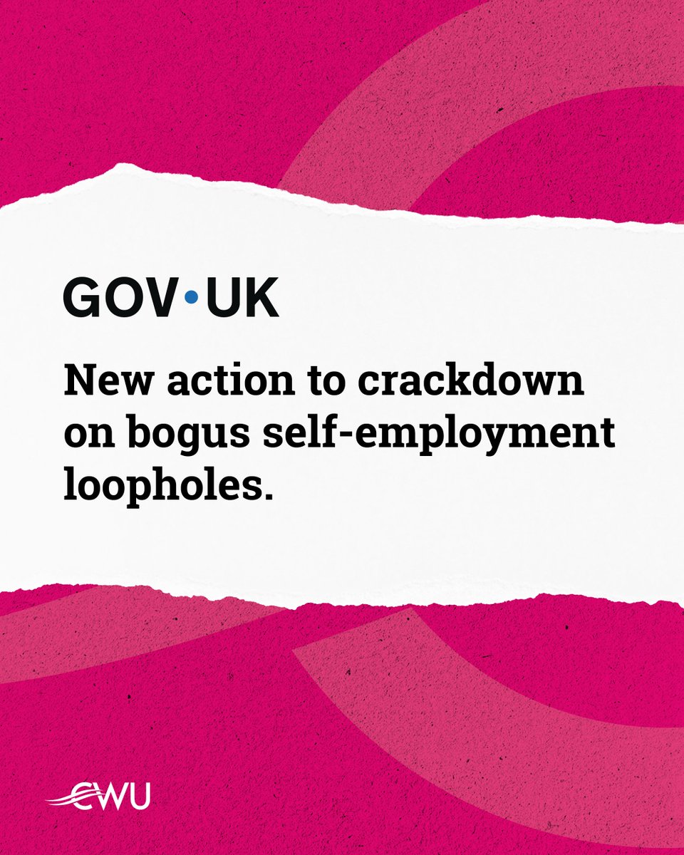 CWUnews's tweet photo. For too long, bogus self-employment has allowed companies to drive down labour costs, shift risks onto workers and deny them decent pay and proper protections. It also allows parcel operators to undercut Royal Mail and companies that directly employ their staff, creating an unfair playing field that rewards bad employers.

The government's consultation published today is an important step forward in a campaign the CWU has fought for years and welcome news for thousands of workers who deserve better.

We will press the government to introduce robust, non-negotiable rules that close loopholes, protect workers’ rights and create a level playing field across the world of work.