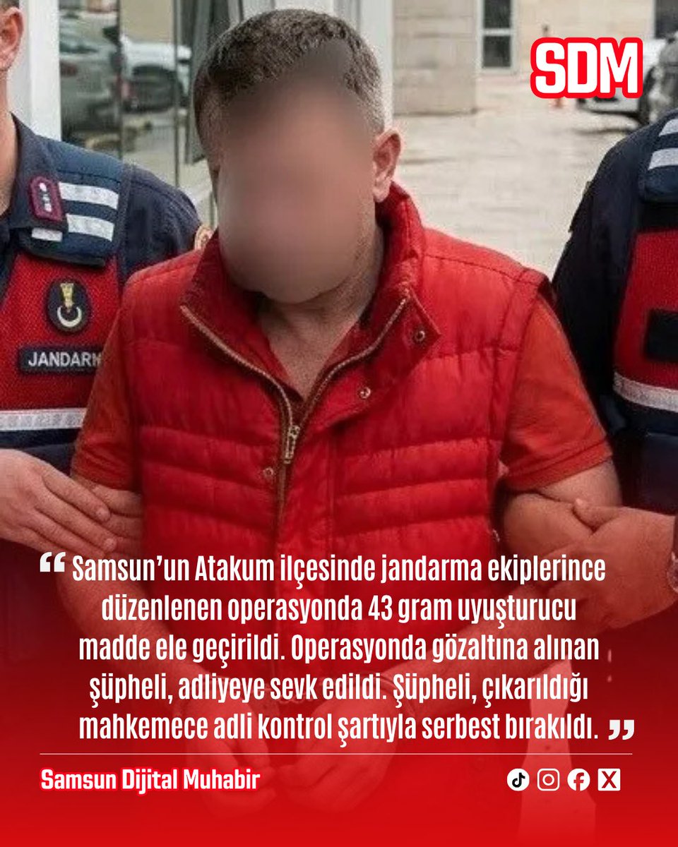 samsundm's tweet photo. Samsun’un Atakum ilçesinde jandarma ekiplerince düzenlenen operasyonda 43 gram uyuşturucu madde ele geçirildi. Operasyonda gözaltına alınan şüpheli, adliyeye sevk edildi. Şüpheli, çıkarıldığı mahkemece adli kontrol şartıyla serbest bırakıldı. https://t.co/Pp4eqaV044
