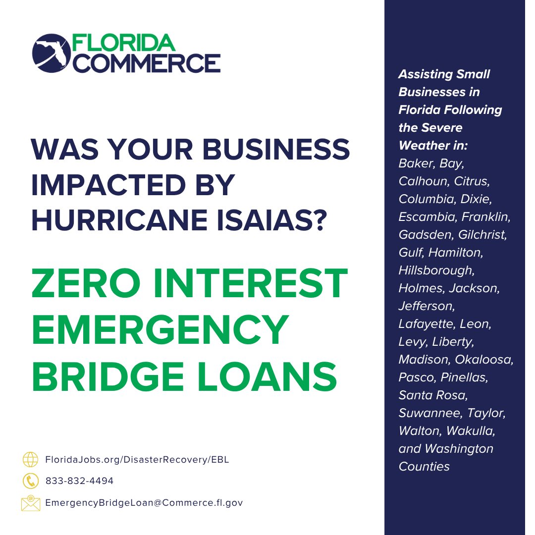 FLACommerce's tweet photo. 🗣️ Was your business impacted by Hurricane Isaias? 

Florida’s Emergency Bridge Loan Program offers short-term, interest-free loans to help eligible businesses recover. Learn more >> https://t.co/lzUKwqZ0ia https://t.co/9RWjrGyEMO