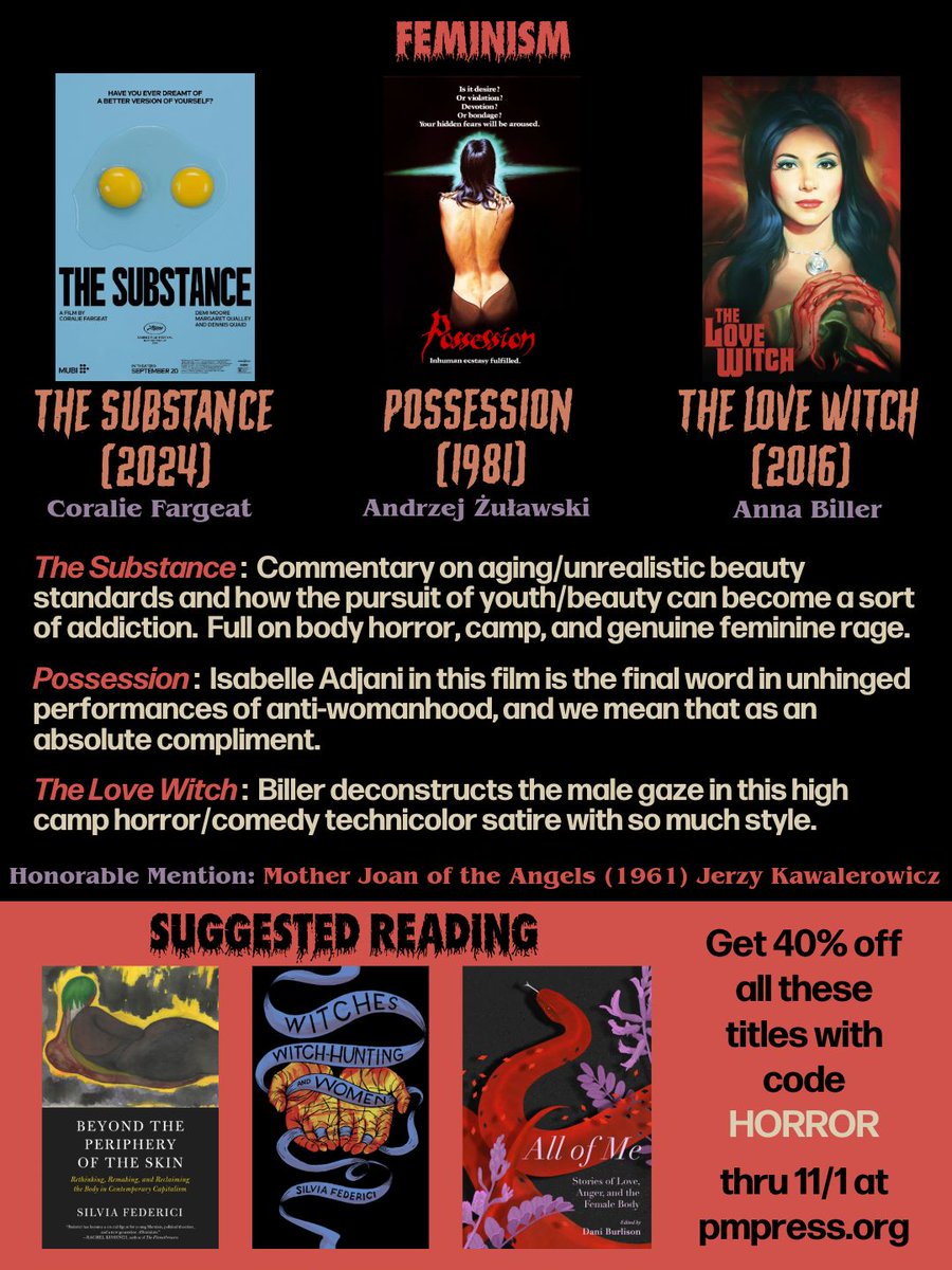 PMPressOrg's tweet photo. Horror has always been a political genre. So, for October, we've compiled a list of 13 horror films and some suggested reading to go with them. Here's part 1 of 2. What would you add to the list?
Get 40% off select titles with code HORROR  thru 11/1 here: https://t.co/O6KNLGVSBz https://t.co/9SmHZo5xnb