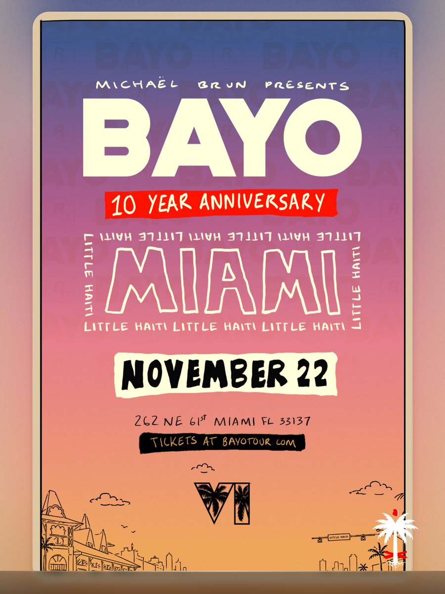 FacesOfHaiti_'s tweet photo. CULTURE | 
Michaël Brun partners with Rockstar Games, the company behind GTA VI, for a free BAYO 10th anniversary celebration in Miami’s Little Haiti on November 22. 

Free tickets via raffle at https://t.co/nPsw6Imc87 •
—— https://t.co/bHf8HU5cej