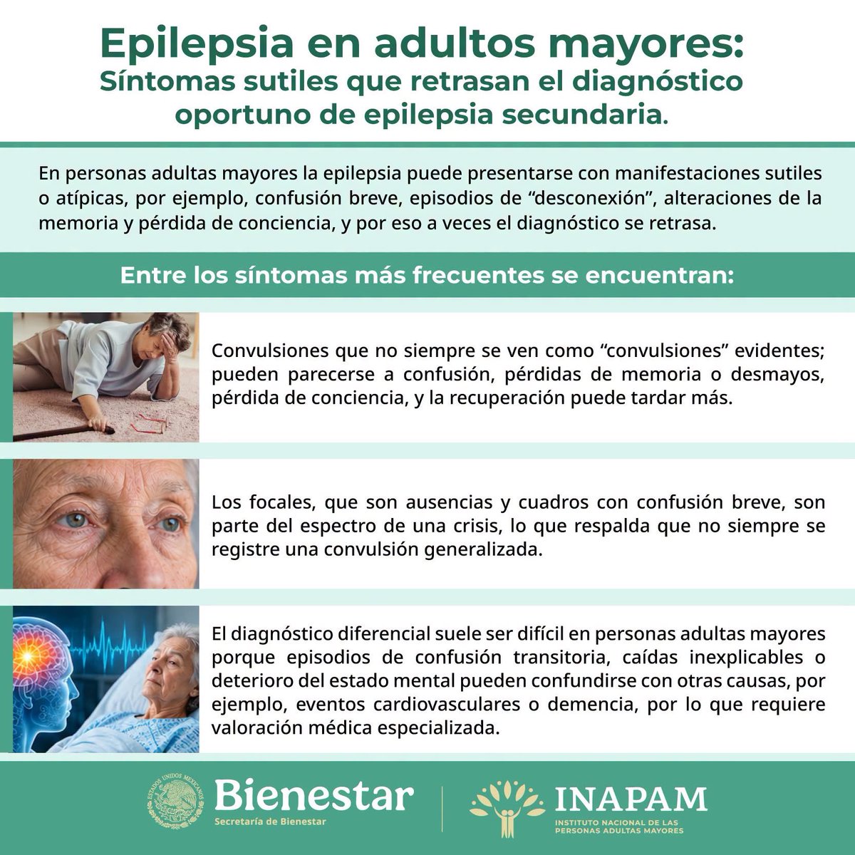 INAPAM's tweet photo. #SabíasQue en #PersonasAdultasMayores la #Epilepsia no siempre es una #Convulsión #Detectar señales sutiles como #ConfusiónBreve #Episodios de #Desconexión o #Caídas sin #Explicación es importante para un #DiagnósticoOportuno #AcudeAlMédico #CAI #Universidad #INAPAM https://t.co/Ke6uxRUedO
