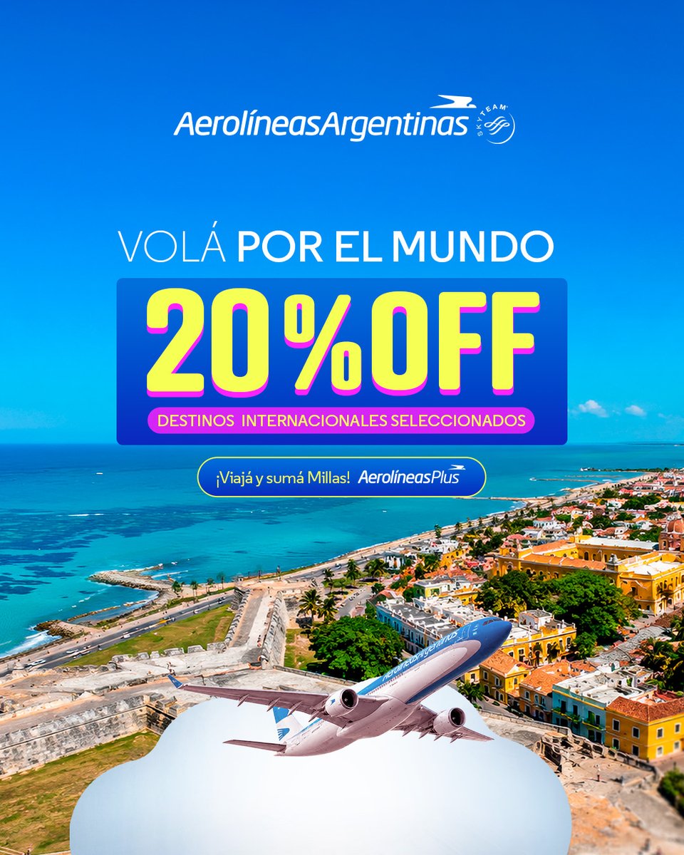 Aerolineas_AR's tweet photo. 🌎✈️ ¡Aprovechá 20% OFF para volar por el mundo! Comprá tus pasajes en https://t.co/Wt4wwBhkJP

De las playas de Salvador de Bahía y Punta Cana al encanto de Cartagena, la energía de Miami y la historia de Lima. Cinco destinos para elegir tu próxima experiencia.

📅 Comprá del 14 al 17 de octubre y preparate para disfrutar de una nueva aventura antes de fin de año o durante febrero y marzo.

¡El mundo tiene mucho para ofrecerte y queremos llevarte!

Te esperamos a bordo. ✈️🇦🇷