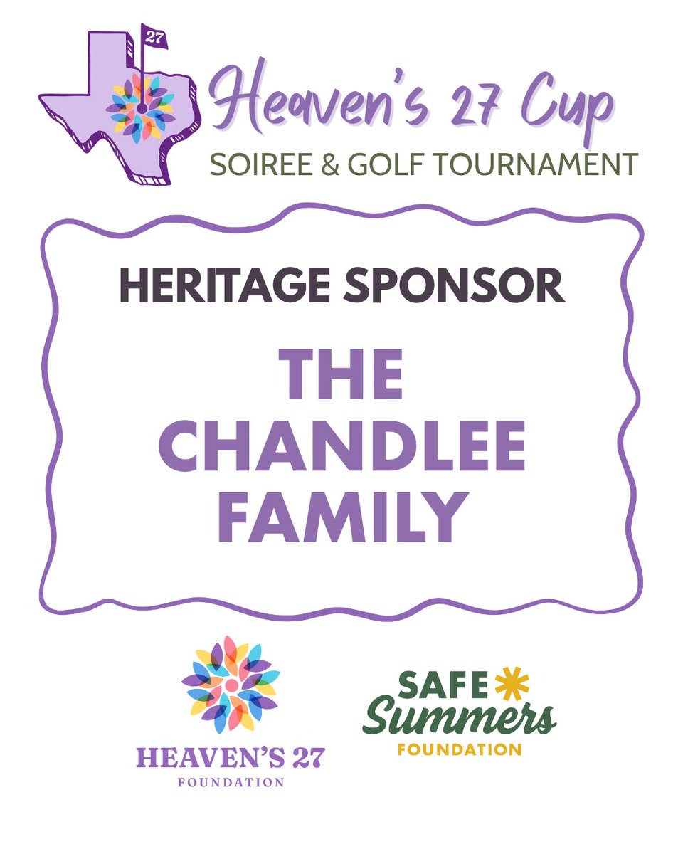 safe_summers's tweet photo. We are grateful to the Chandlee Family for joining us as a Heritage Sponsor for the inaugural Heaven’s 27 Cup Soiree & Golf Tournament this November! 

Established in honor of the 25 campers and two counselors who lost their lives in the devastating flood at Camp Mystic on July 4, 2025, this event seeks to ensure the lives and legacies of the Heaven’s 27 will never be forgotten. 

Proceeds from the two-day event will equally benefit the Heaven’s 27 Foundation and the Safe Summers Foundation. The Heaven's 27 Foundation doesn't just honor 27 girls — it ensures their passions, interests and impact continue by funding causes they cared about through their respective memorial funds. The Safe Summers Foundation funds the research, resources, and grants that keep kids safe at summer camps — advocating for a culture of safety as the industry standard in Texas and beyond.

Thank you to the Chandlee Family for standing with us and making a meaningful impact!

#Heavens27 #Heavens27Cup #SafeSummers